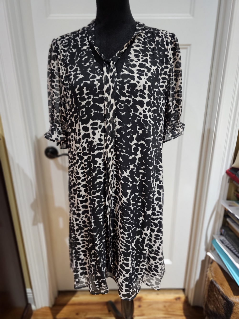 DKNY Black and White Animal Print Tie-Neck Dress, NWT